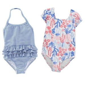 💘 Mini Boden Blue Seersucker Stripe and Carter’s Coral Print Swimsuits, 3T